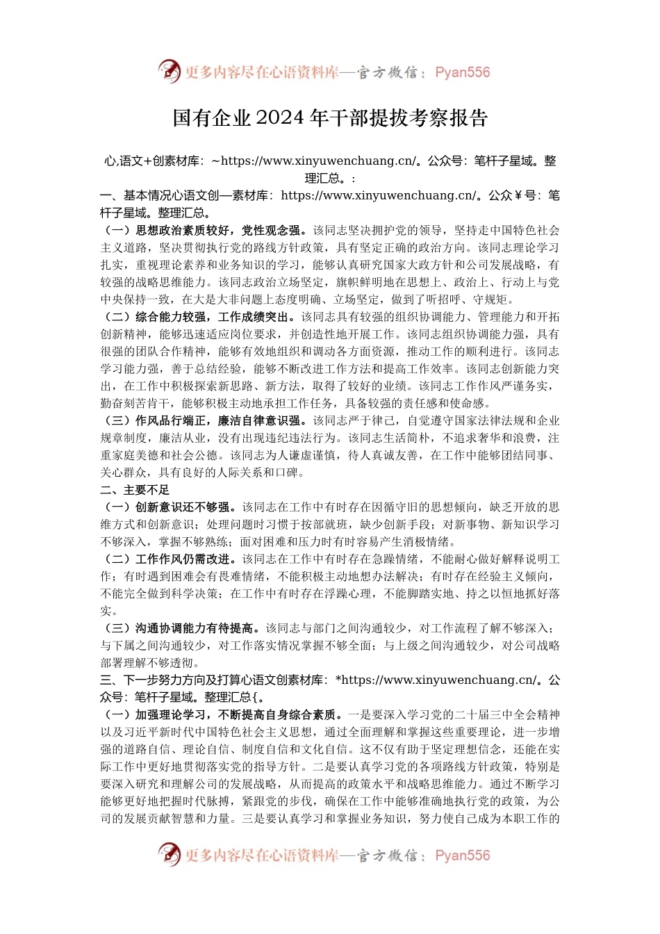 国有企业2024年干部提拔考察报告.docx_第1页
