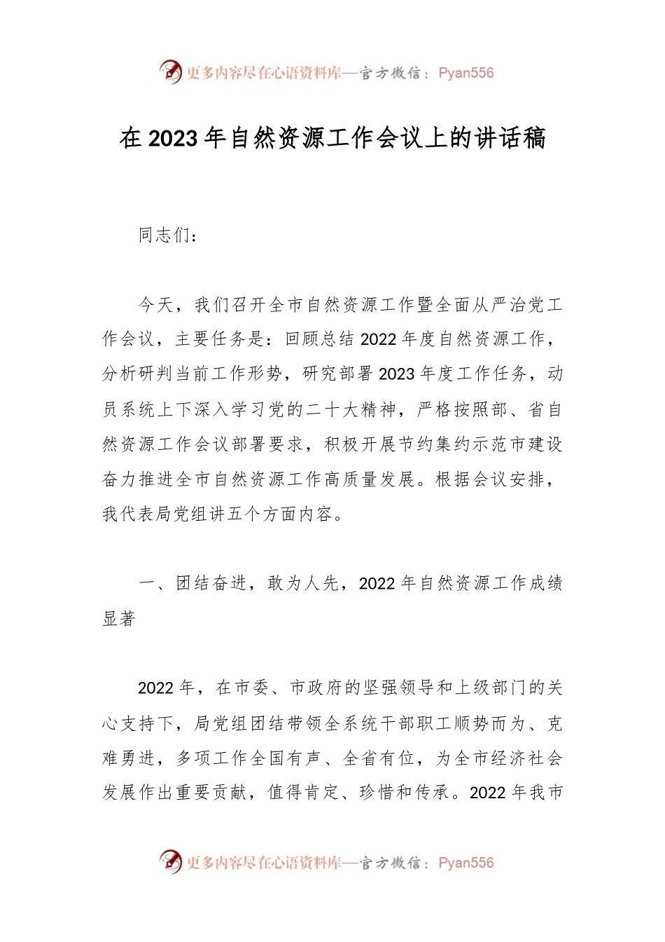 在2023年自然资源工作会议上的讲话稿.docx_第1页