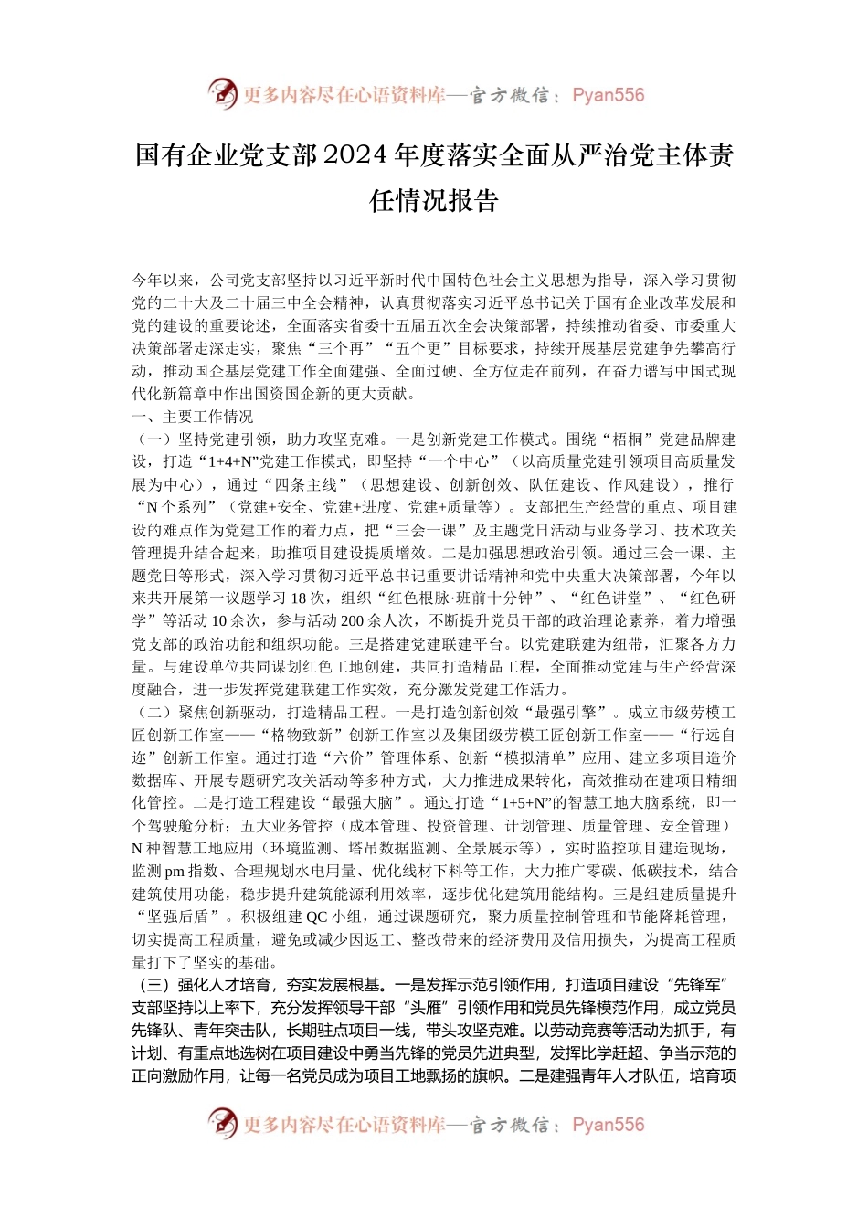 国有企业党支部2024年度落实全面从严治党主体责任情况报告.docx_第1页