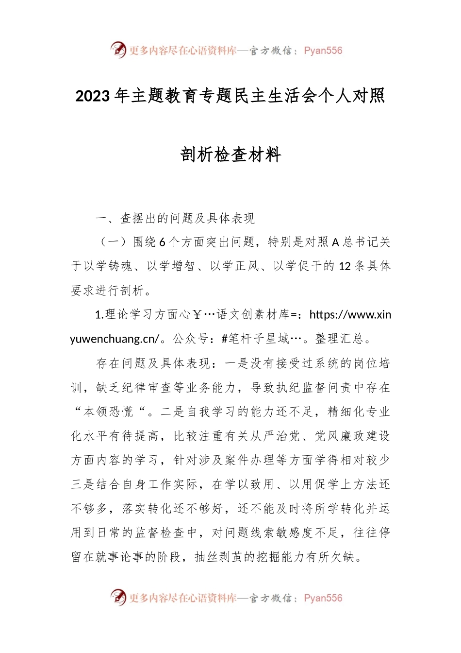 在2023年主题教育专题民主生活 会个人对照剖析检查材料.docx_第1页
