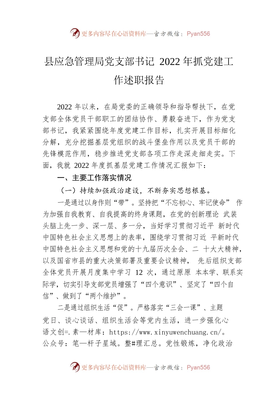 县应急管理局党支部书记2022年抓党建工作述职报告.docx_第1页