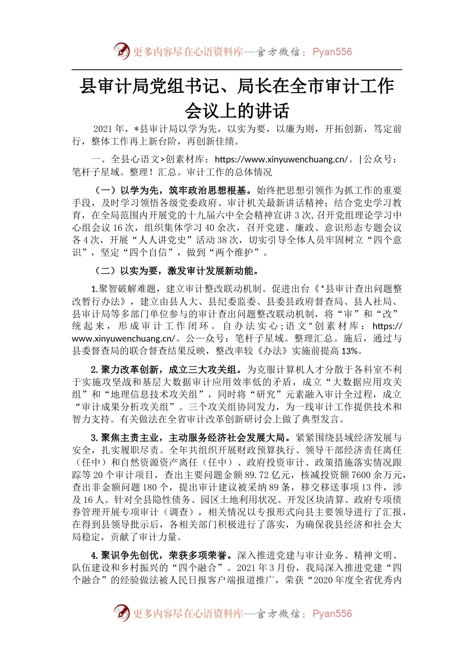 县审计局党组书记、局长在全市审计工作会议上的讲话.docx_第1页