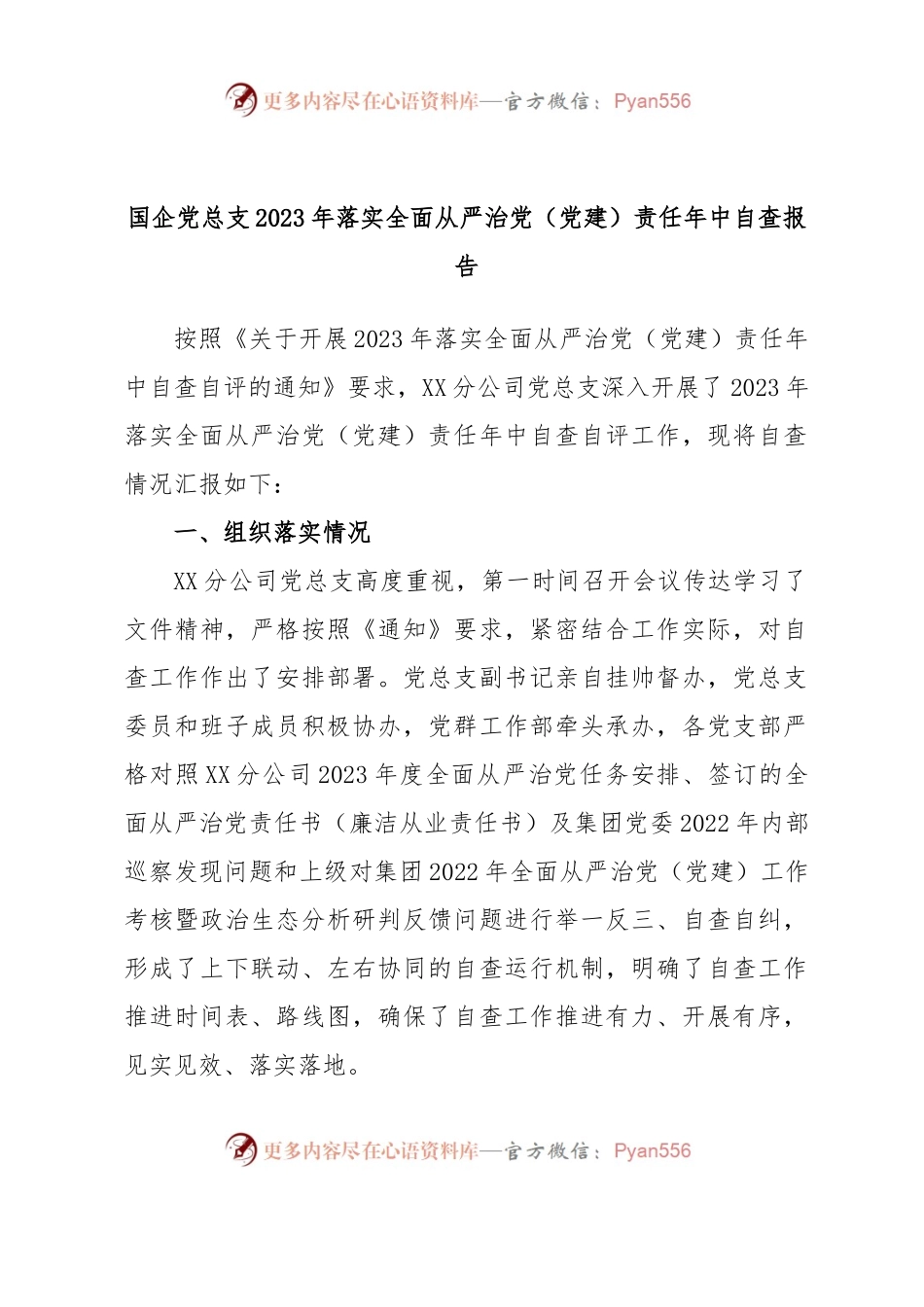 国企党总支2023年落实全面从严治党（党建）责任年中自查报告.docx_第1页
