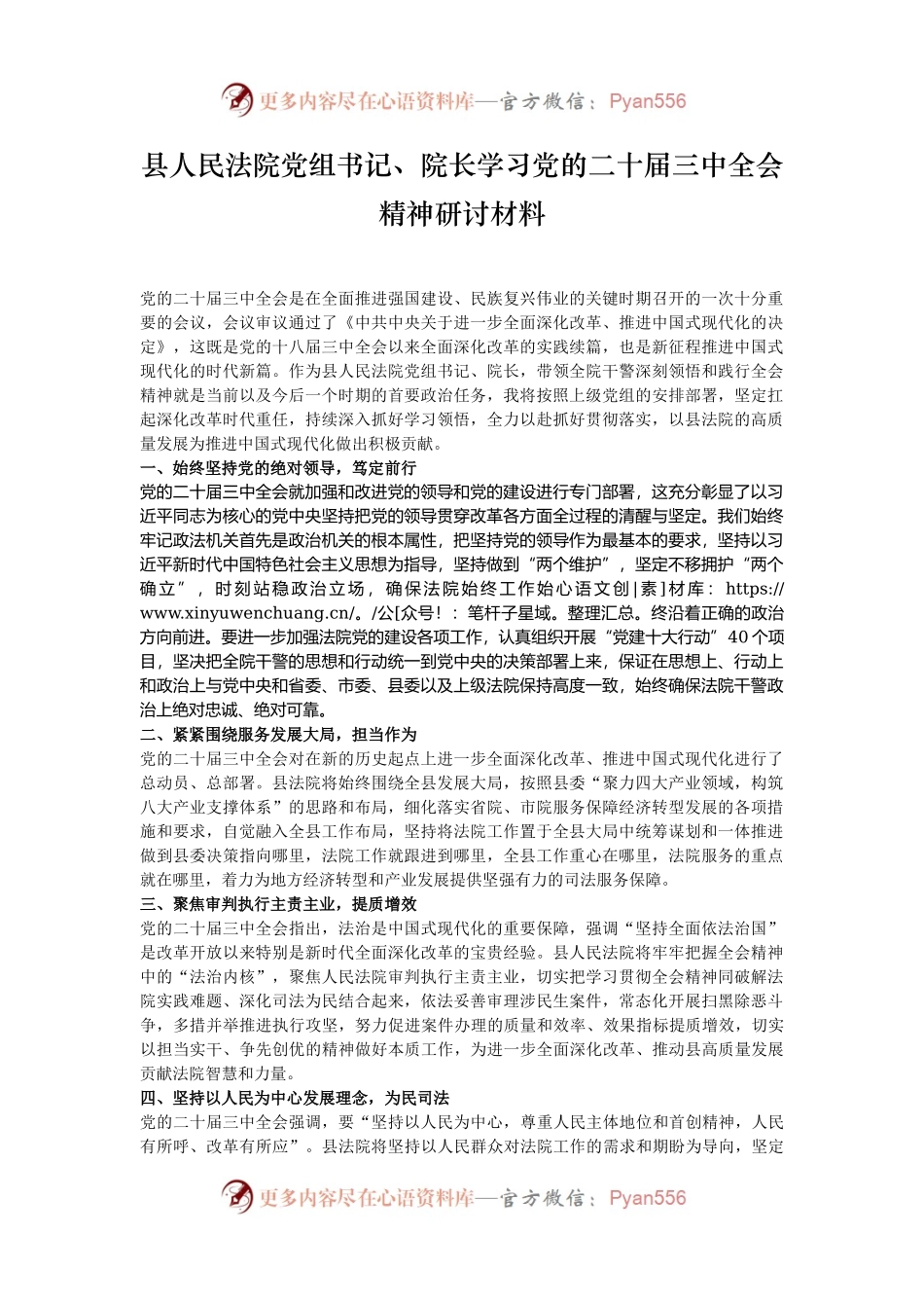 县人民法院党组书记、院长学习党的二十届三中全会精神研讨材料.docx_第1页