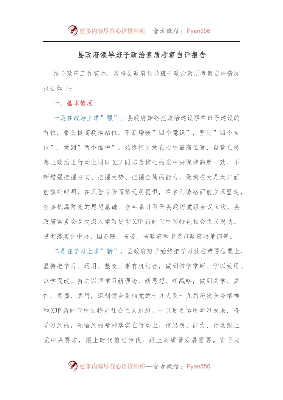 县政府领导班子政治素质考察自评报告[2].docx_第1页