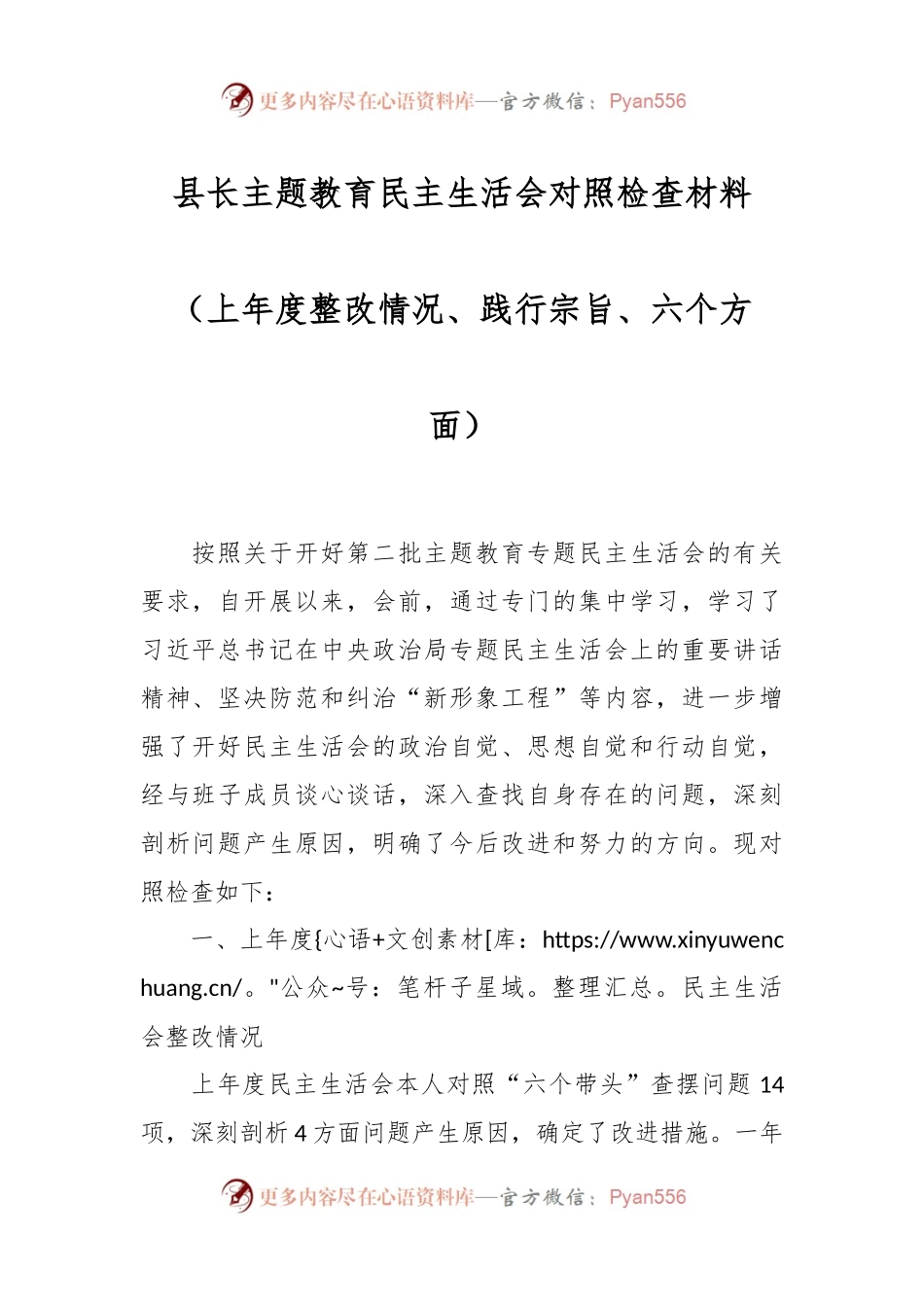 县长主题教育民主生活会对照检查材料（上年度整改情况、践行宗旨、六个方面）.docx_第1页
