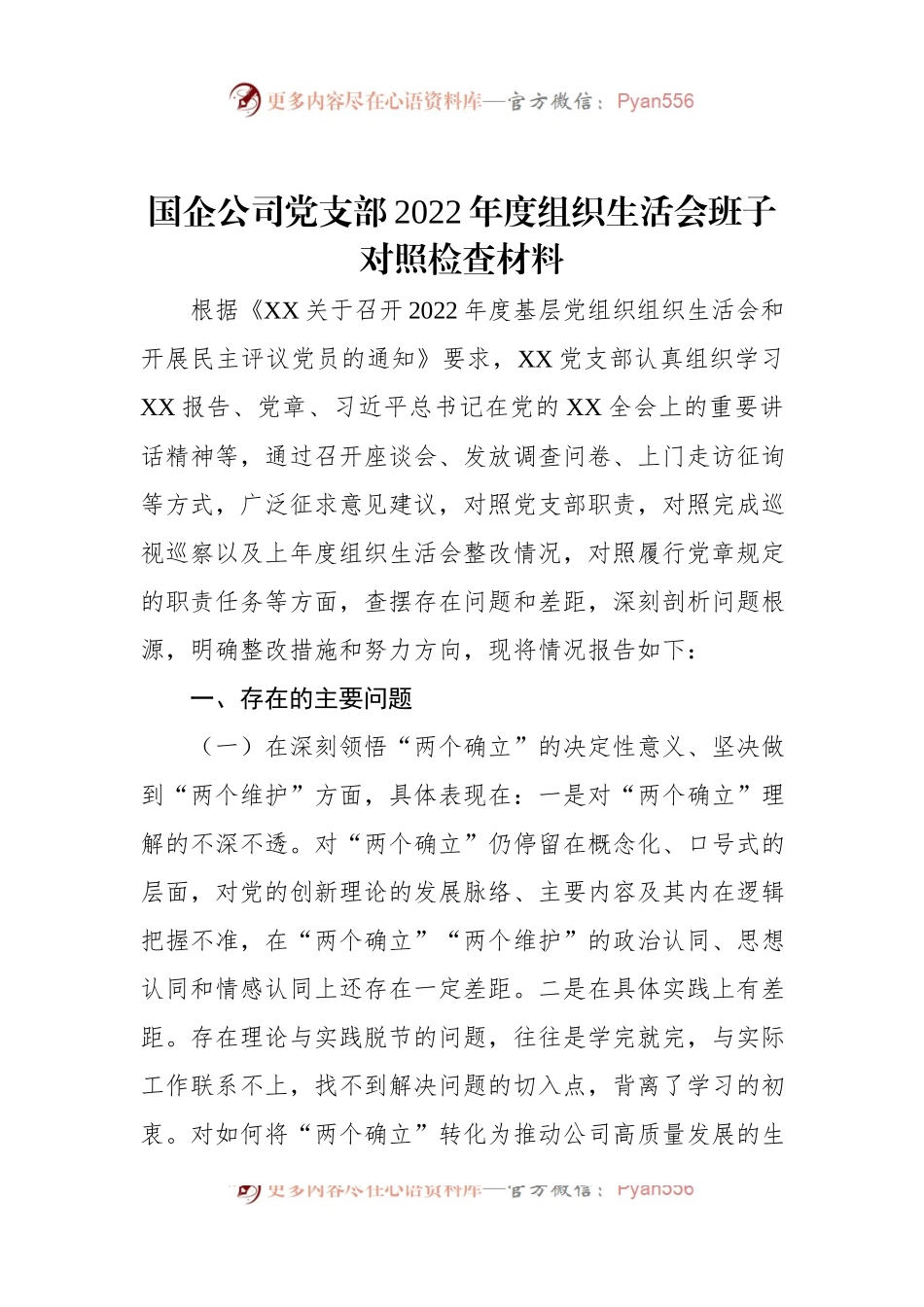 国企公司党支部2022年度组织生活会班子对照检查材料.docx_第1页