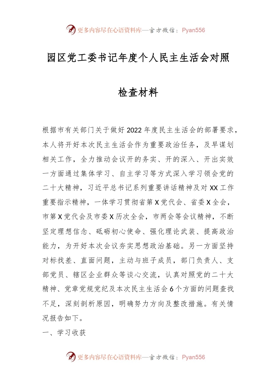 园区党工委书记年度个人民主生活会对照检查材料.docx_第1页