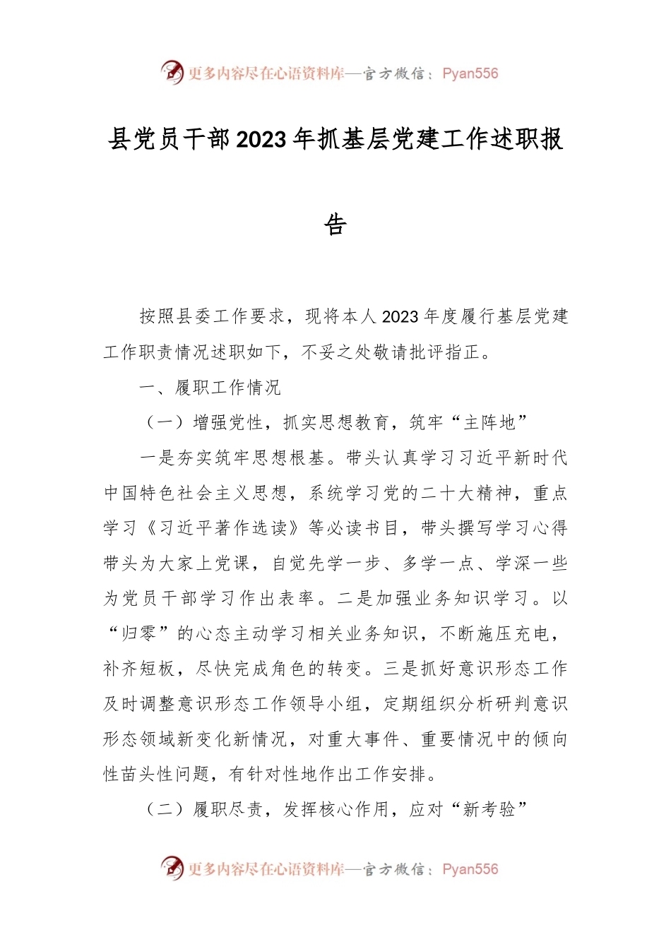 县党员干部2023年抓基层党建工作述职报告.docx_第1页