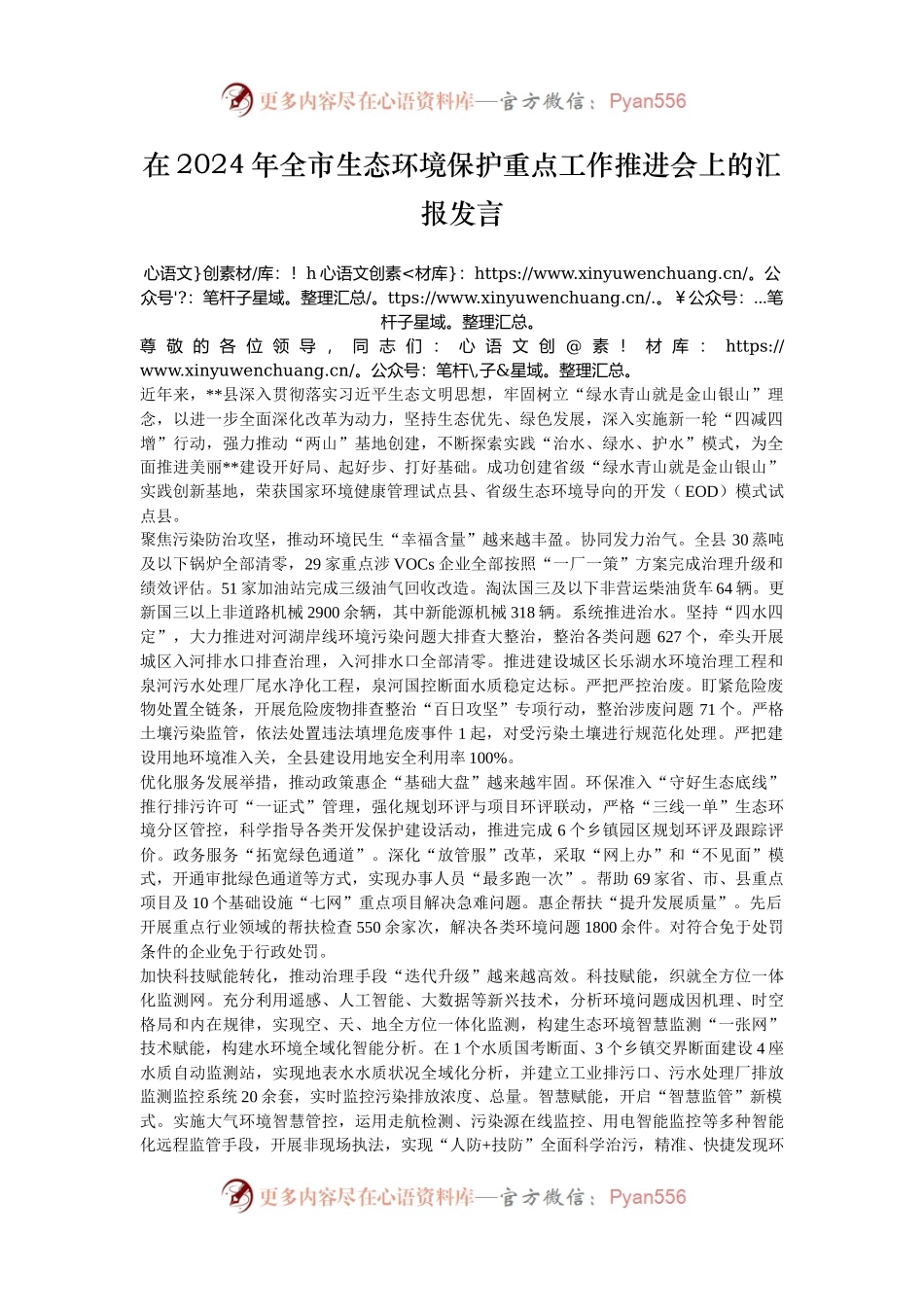 在2024年全市生态环境保护重点工作推进会上的汇报发言.docx_第1页