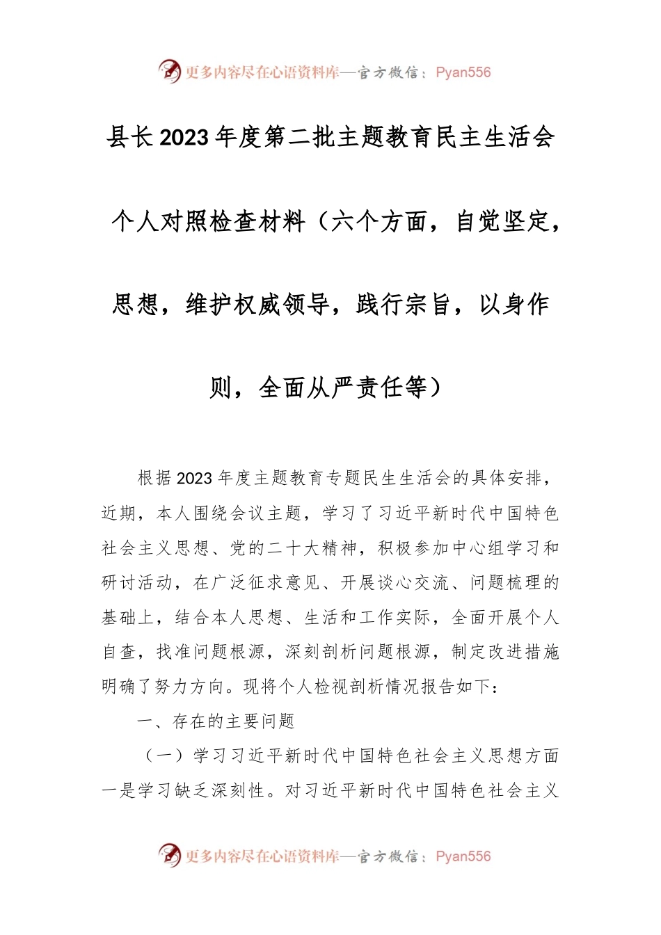 县长2023年度第二批主题教育民主生活会个人对照检查材料（六个方面，自觉坚定等）.docx_第1页