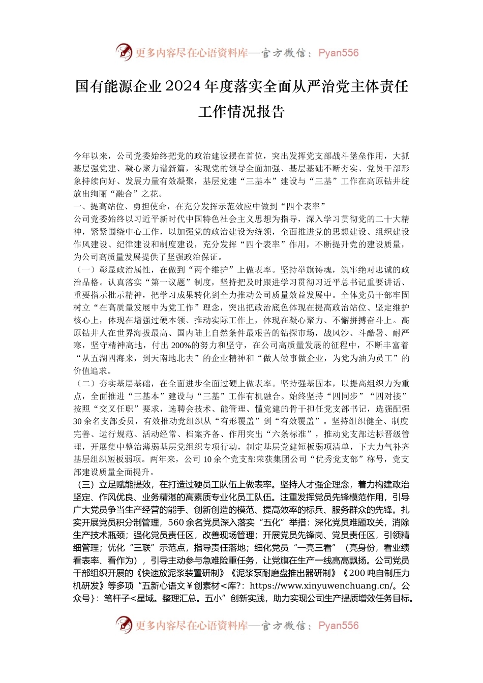 国有能源企业2024年度落实全面从严治党主体责任工作情况报告.docx_第1页
