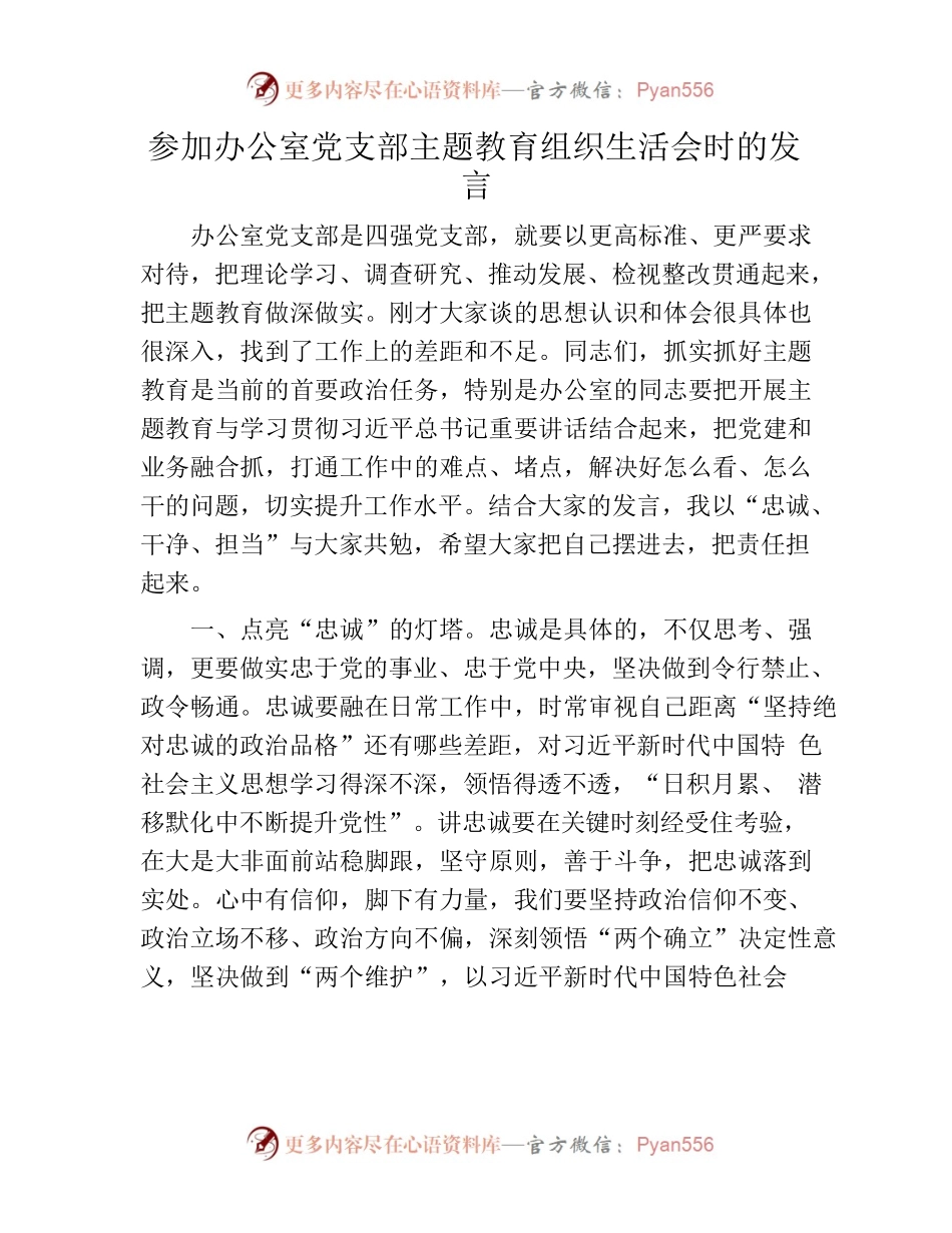 参加办公室党支部主题教育组织生活会时的发言.docx_第1页