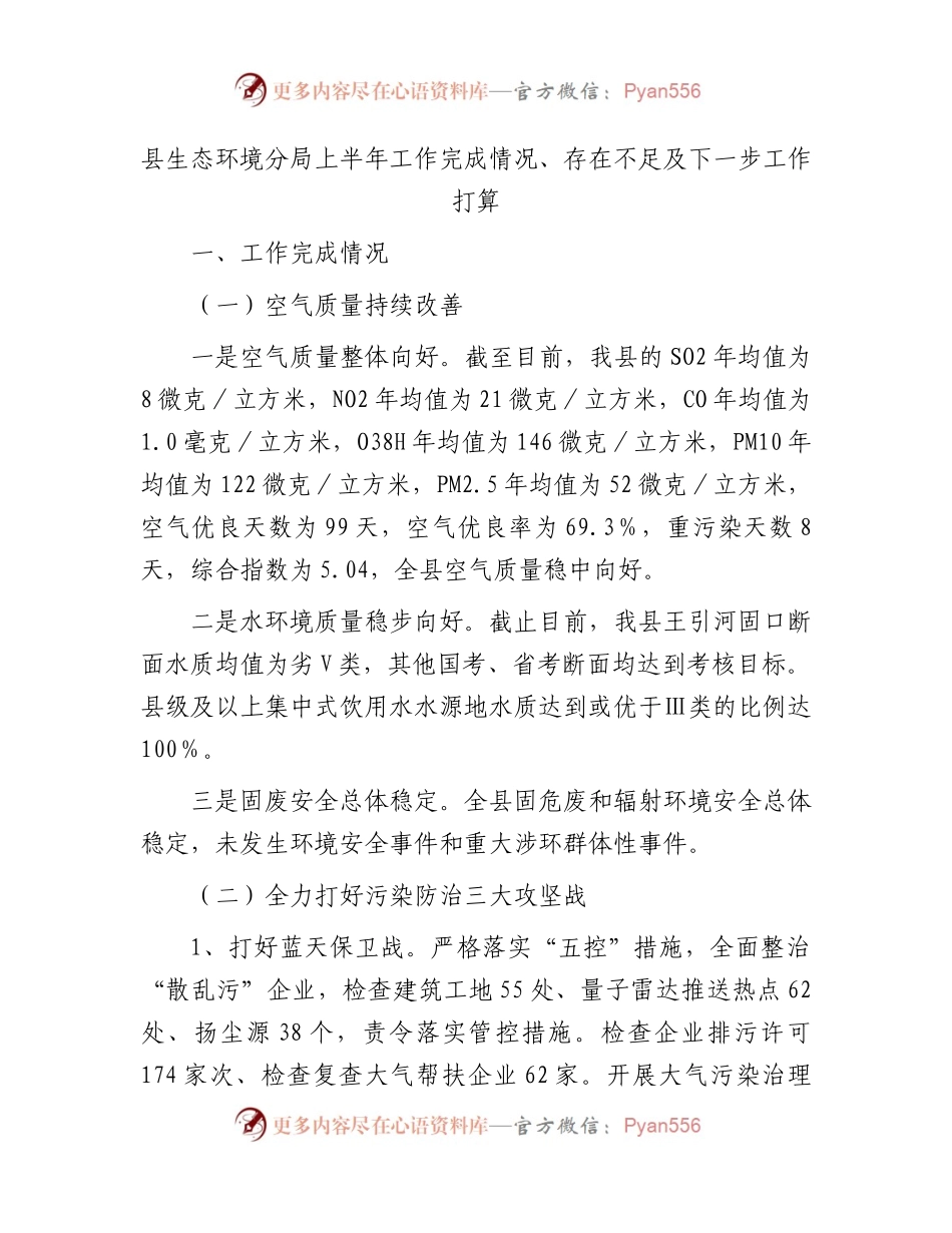县生态环境分局上半年工作总结及下一步工作打算.docx_第1页