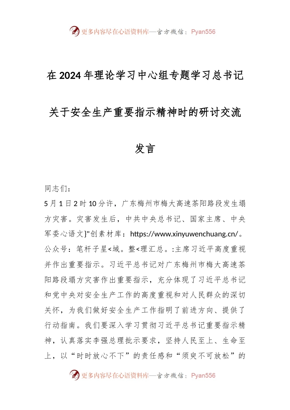 在2024年理论学习中心组专题学习总书记关于安全生产重要指示精神时的研讨交流发言.docx_第1页