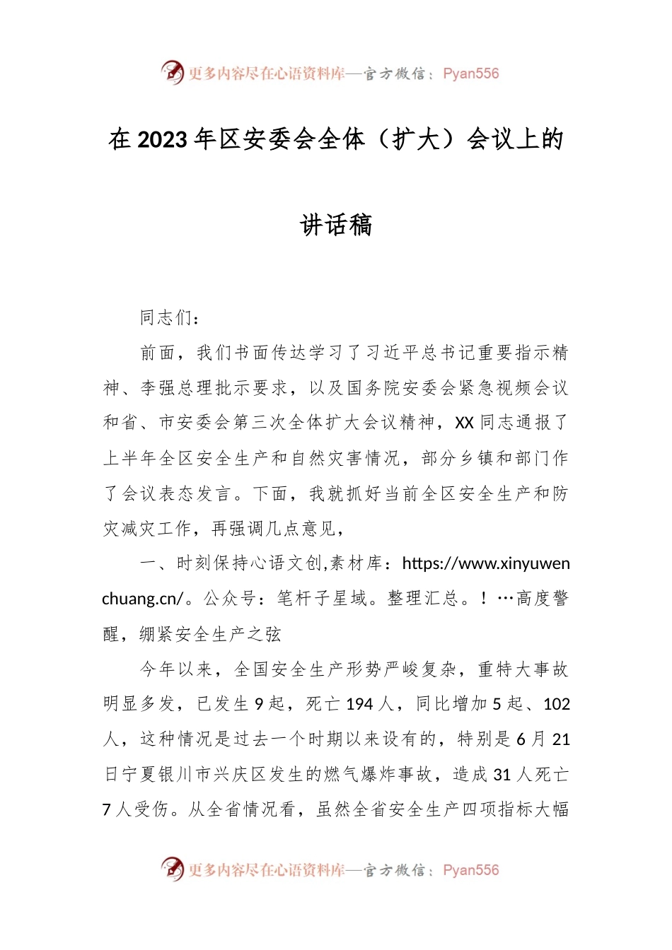 在2023年区安委会全体（扩大）会议上的讲话稿.docx_第1页