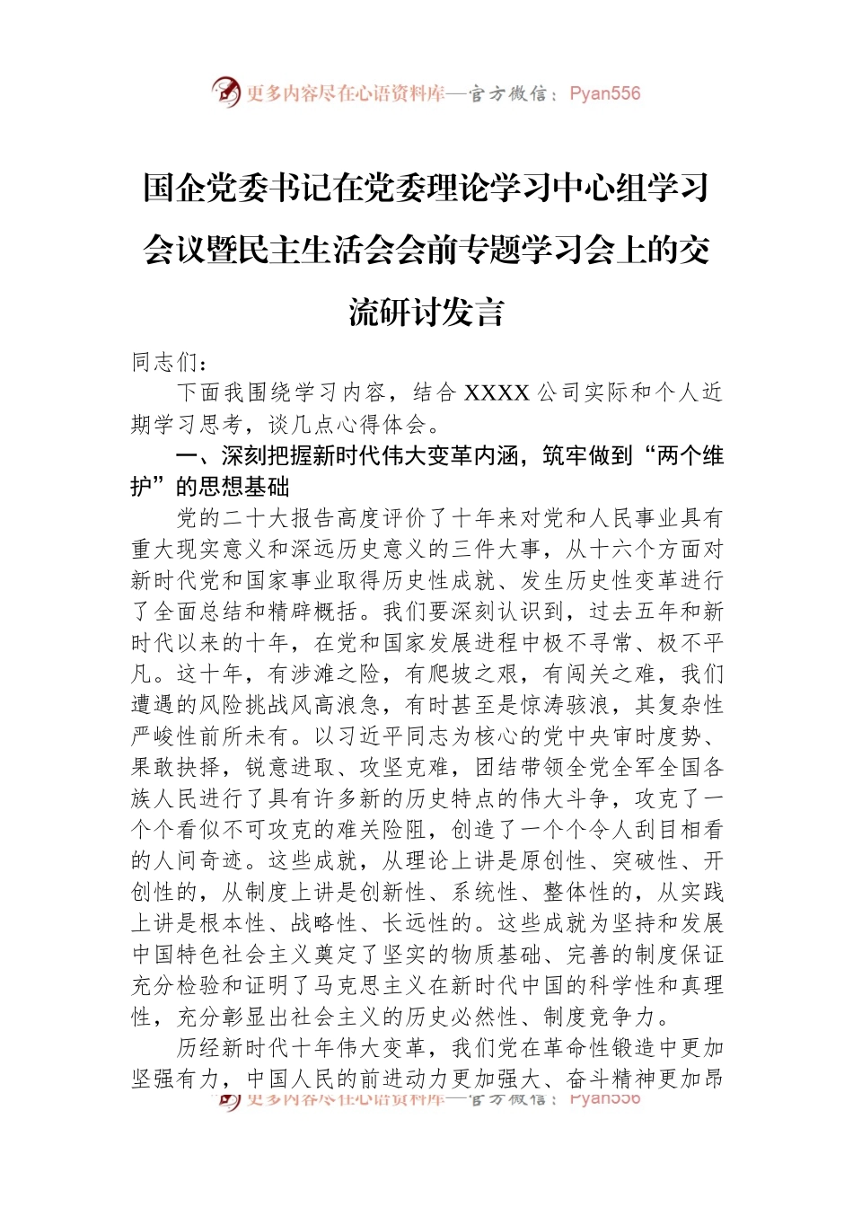 国企党委书记在党委理论学习中心组学习会议暨民主生活会会前专题学习会上的交流研讨发言.docx_第1页