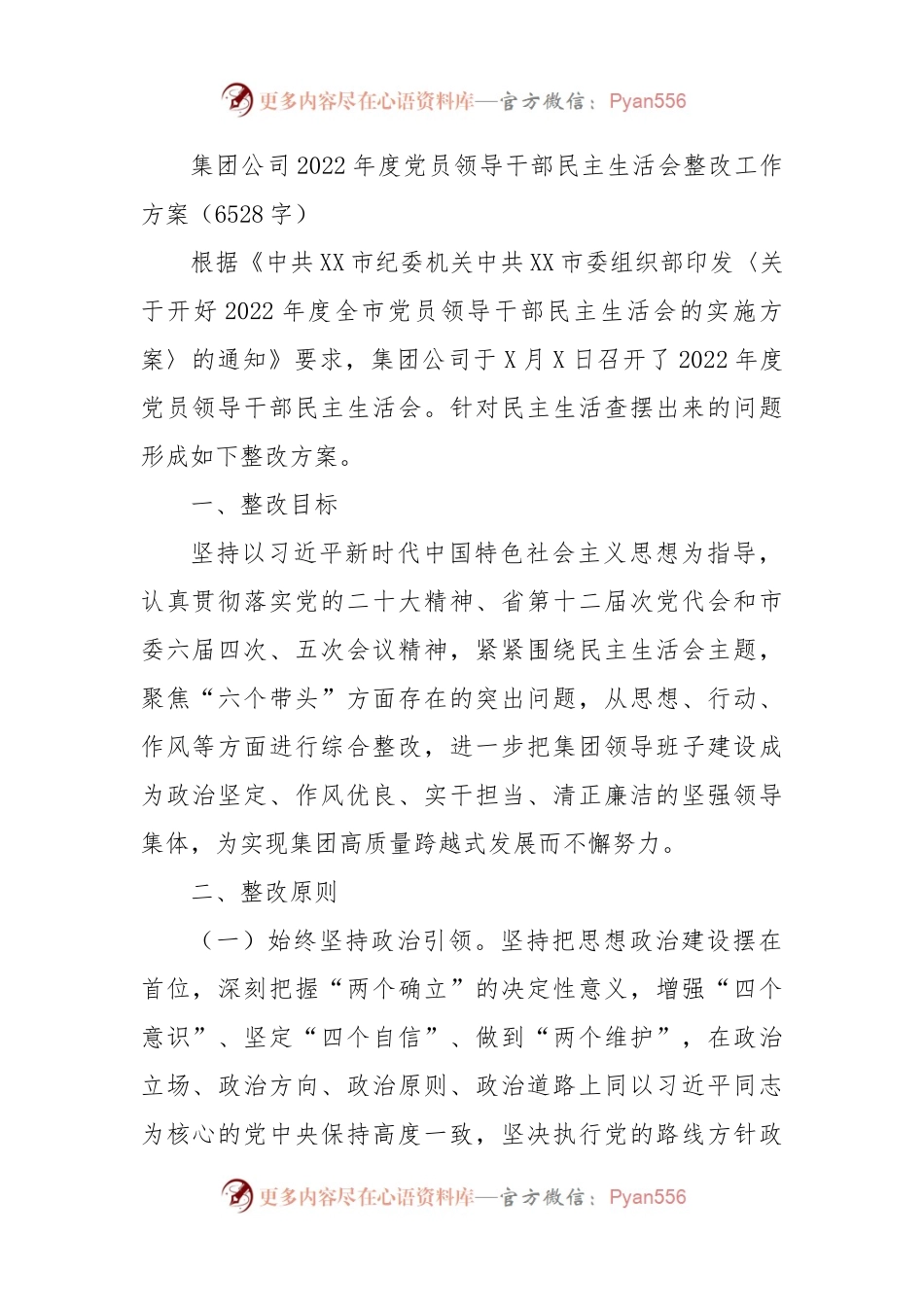 国企2022年度党员领导干部民主生活会整改工作方案.docx_第1页