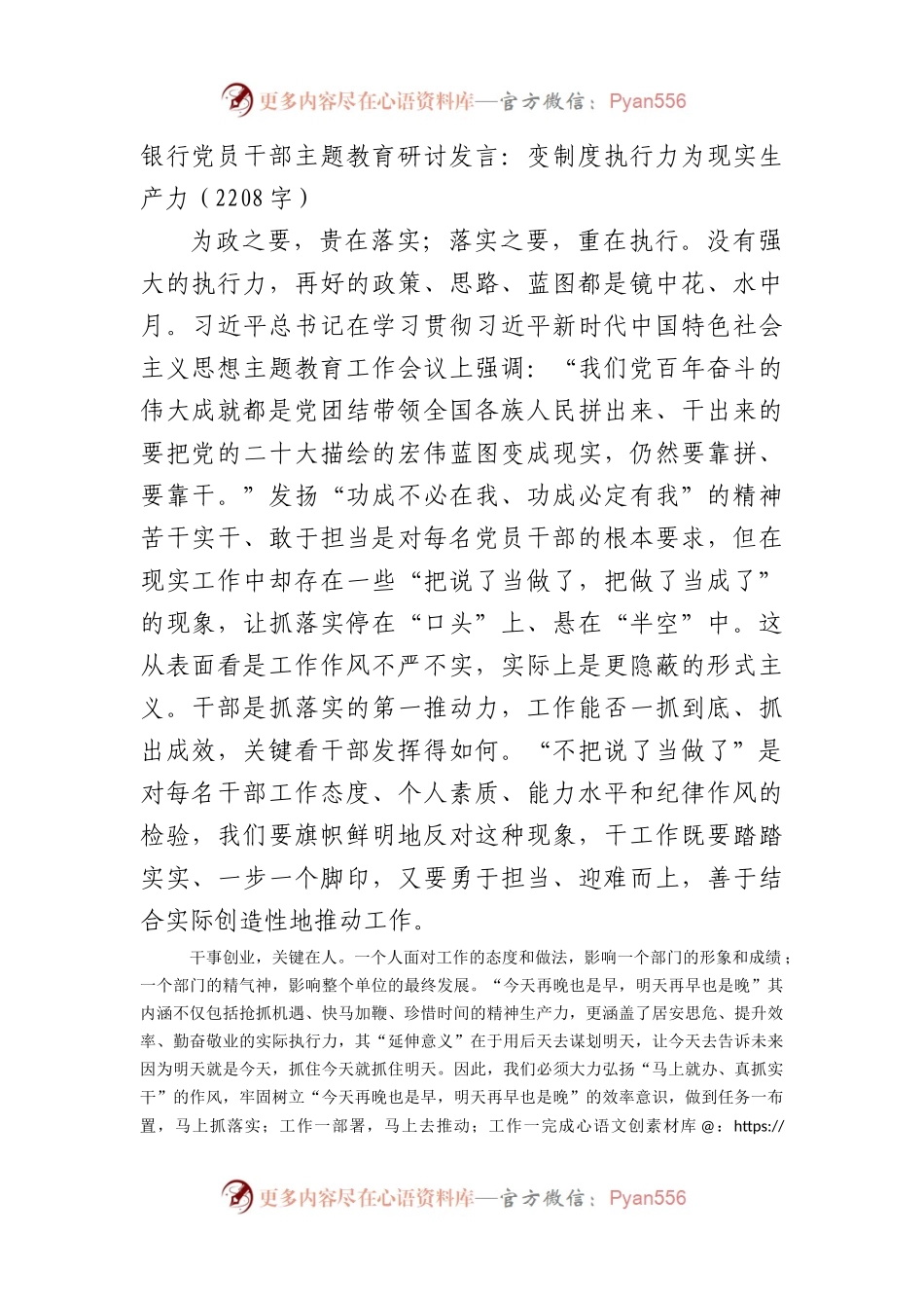 国企银行党员干部主题教育研讨发言：变制度执行力为现实生产力.docx_第1页
