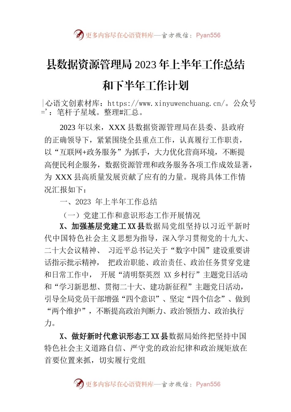 县数据资源管理局2023年上半年工作总结和下半年工作计划（20230703）.docx_第1页