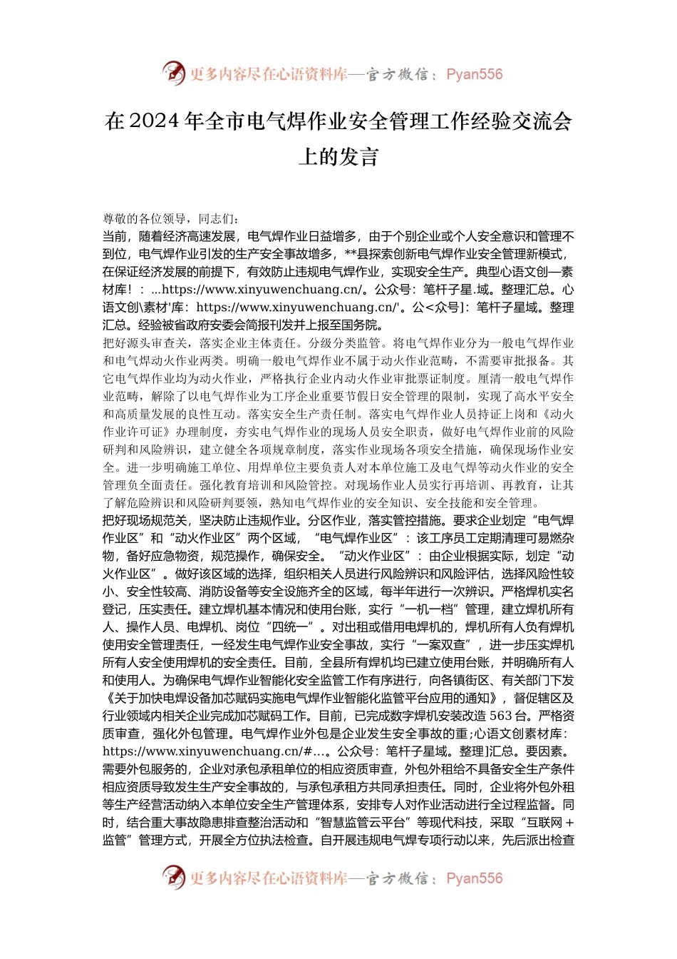 在2024年全市电气焊作业安全管理工作经验交流会上的发言.docx_第1页