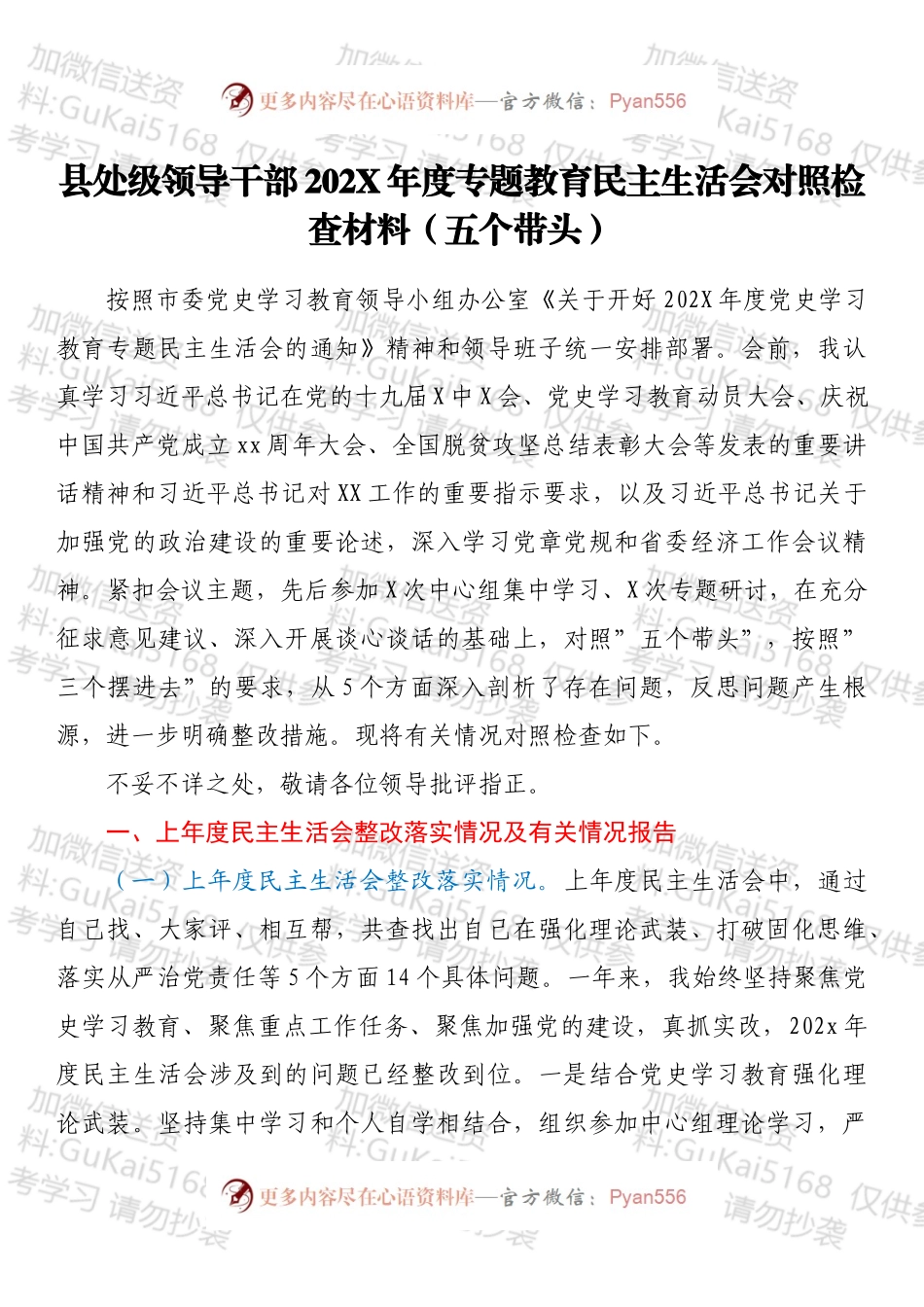 县处级领导干部202X年度专题教育民主生活会对照检查材料（五个带头）.docx_第1页