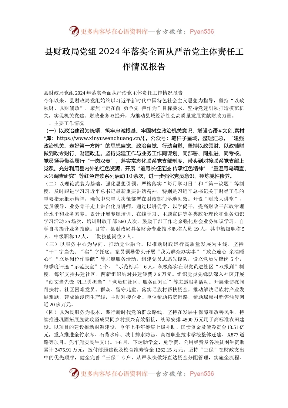 县财政局党组2024年落实全面从严治党主体责任工作情况报告.docx_第1页