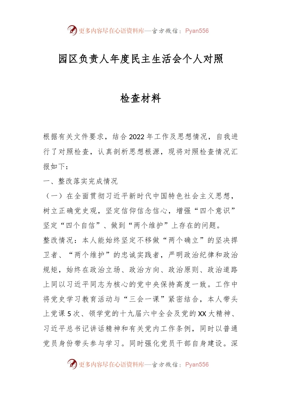 园区负责人年度民主生活会个人对照检查材料.docx_第1页