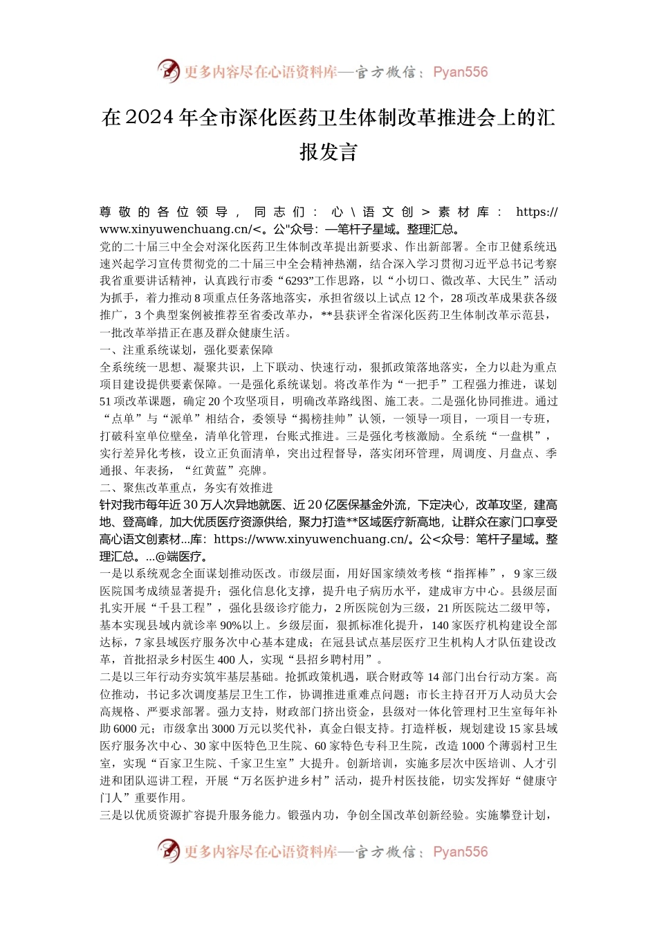 在2024年全市深化医药卫生体制改革推进会上的汇报发言.docx_第1页