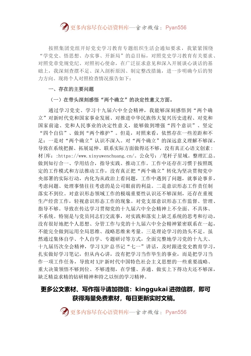 国企业副总经理党史学习教育五个带头专题民主生活会对照检查材料.docx_第1页