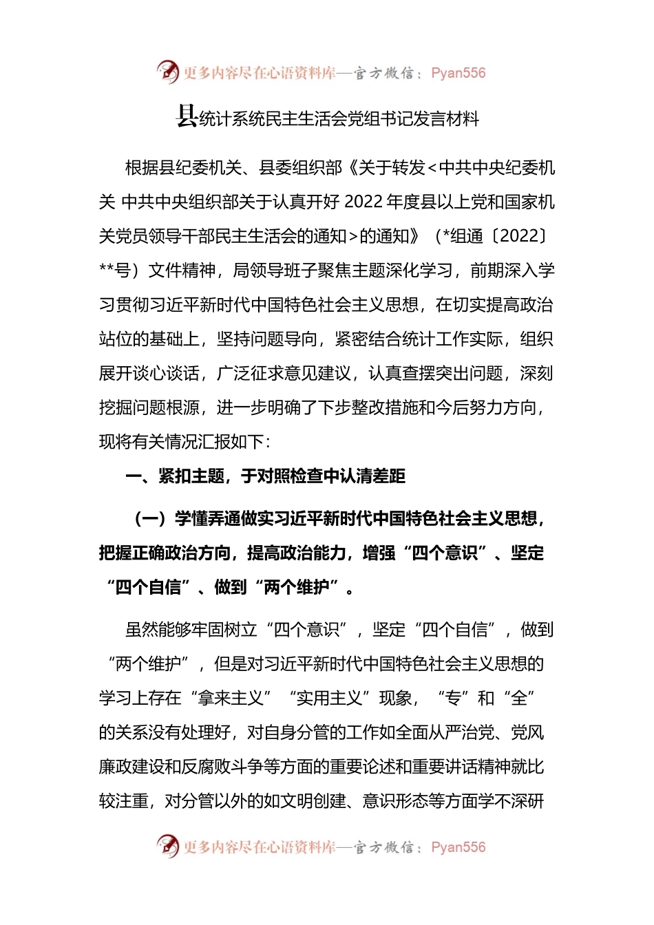 县统计系统民主生活会党组书记发言材料 （2）.docx_第1页