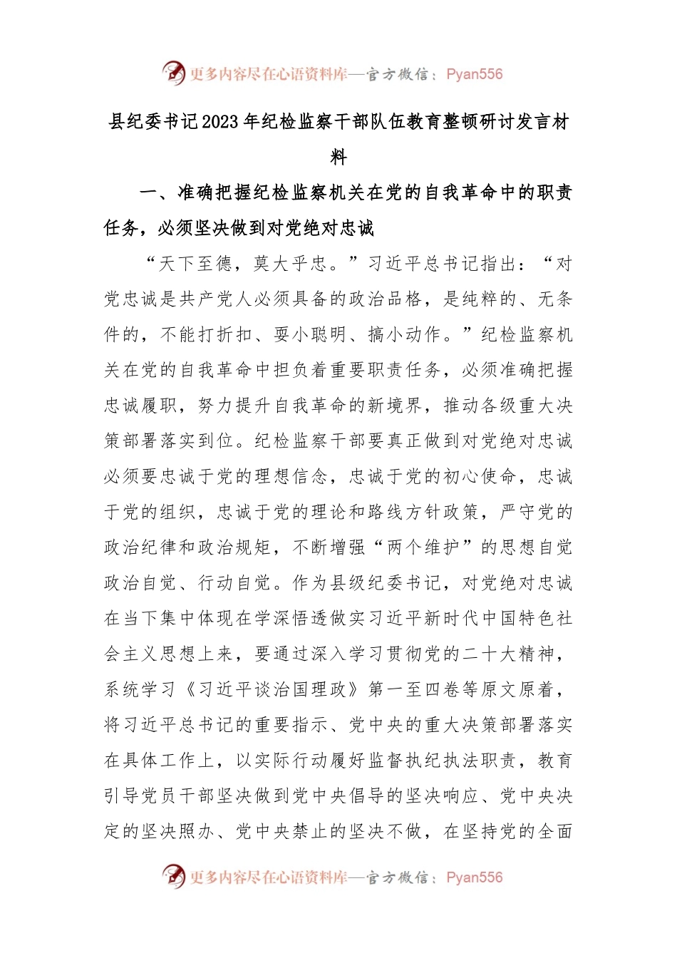 县纪委书记2023年纪检监察干部队伍教育整顿研讨发言材料（二）.docx_第1页