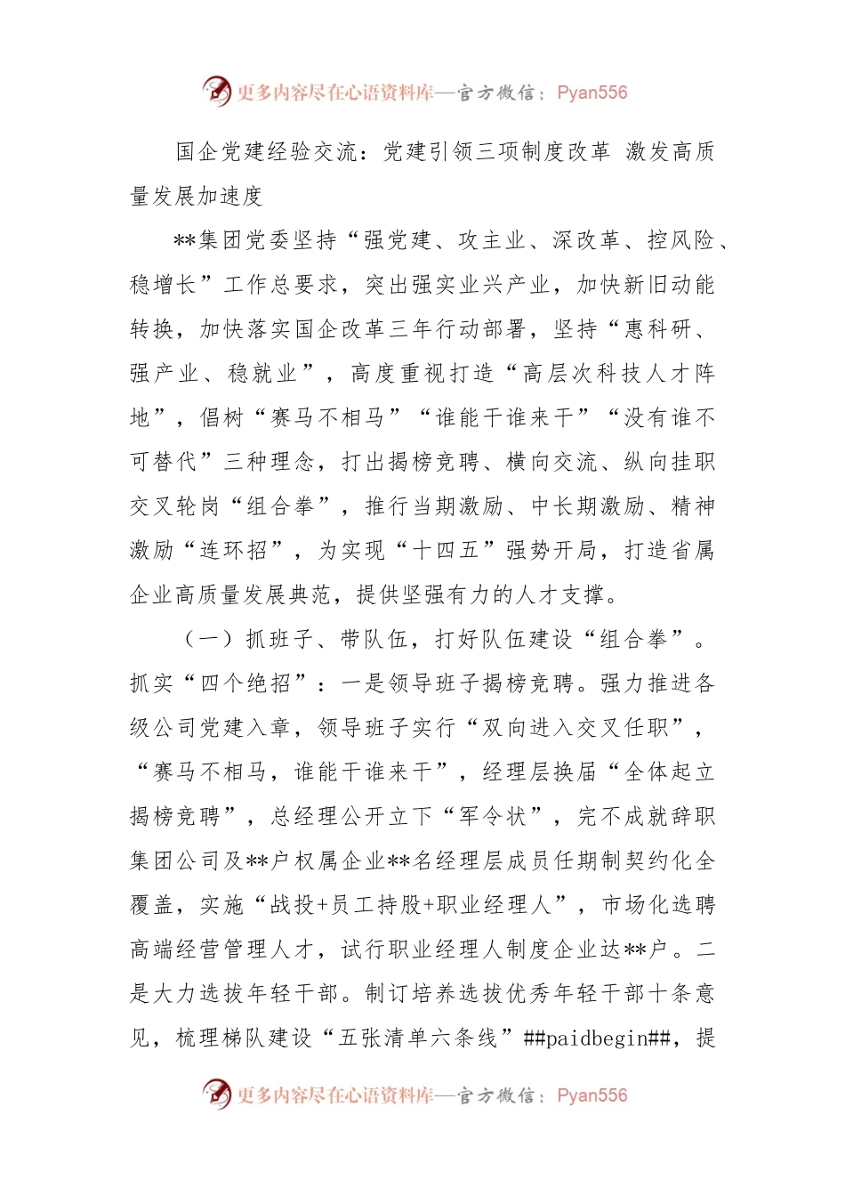 国企党建经验交流：党建引领三项制度改革+激发高质量发展加速度.docx_第1页