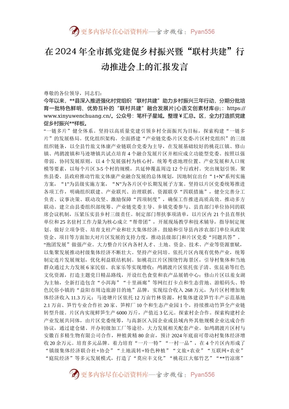 在2024年全市抓党建促乡村振兴暨“联村共建”行动推进会上的汇报发言.docx_第1页