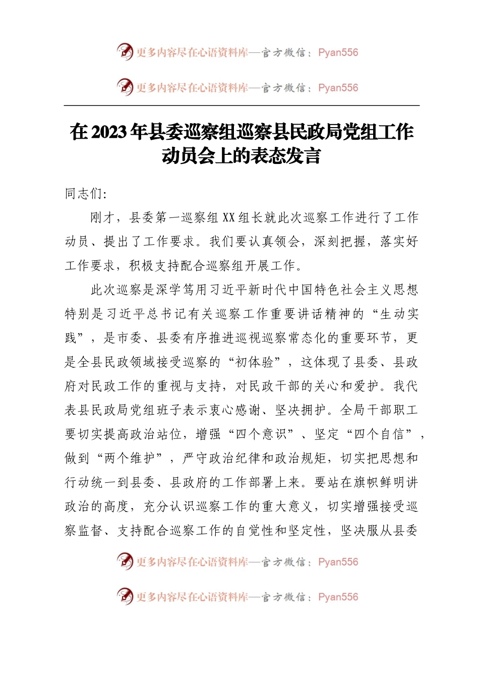 在2023年县委巡察组巡察县民政局党组工作动员会上的表态发言.docx_第1页