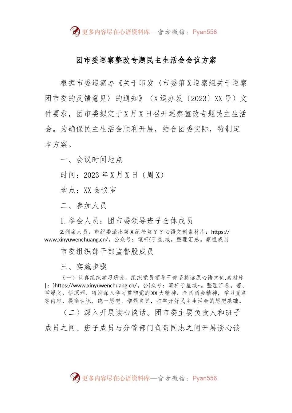 团市委巡察整改专题民主生活会会议方案.docx_第1页