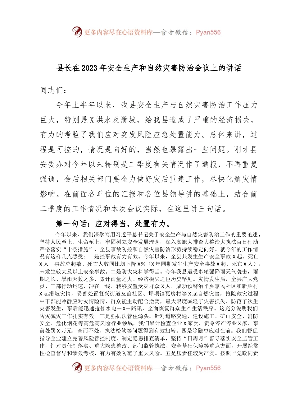 县长在2023年安全生产和自然灾害防治会议上的讲话.docx_第1页