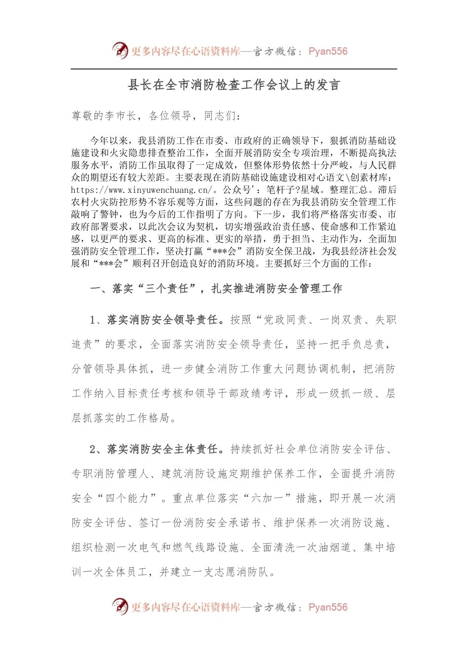 县长在全市消防检查工作会议上的发言.docx_第1页
