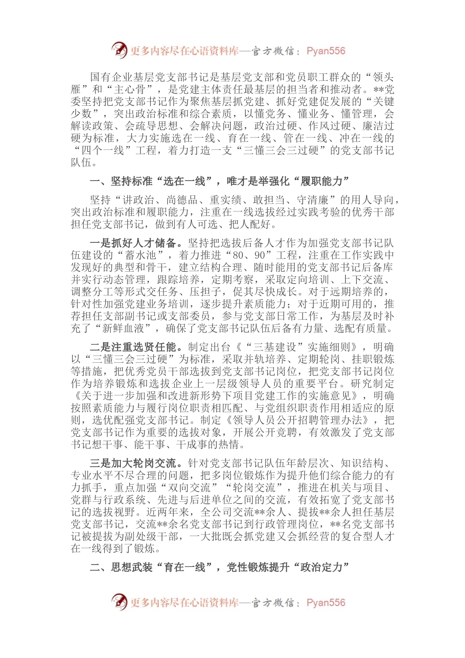 国企党建经验交流：实施“四个一线”工程 打造“三懂三会三过硬”的党支部书记队伍.docx_第1页