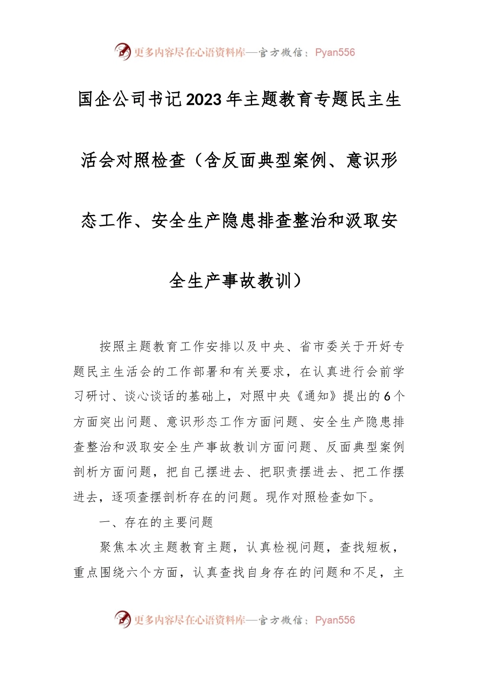 国企公司书记2023年主题教育专题民主生活会对照检查（含反面典型案例、意识形态工作、安全生产隐患排查整治和汲取安全生产事故教训）.docx_第1页
