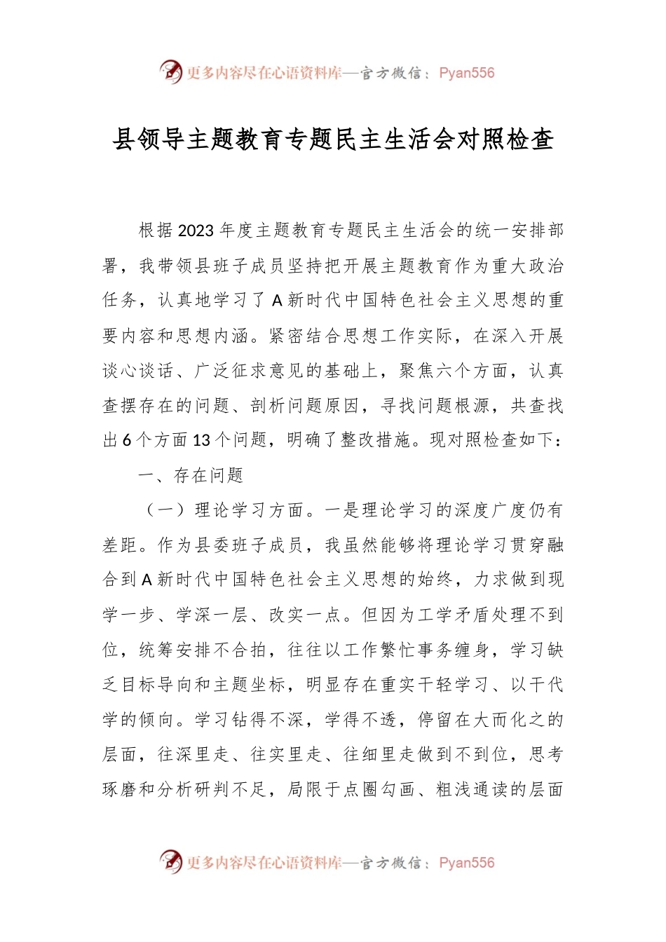 县领导主题教育专题民主生活会对照检查.docx_第1页