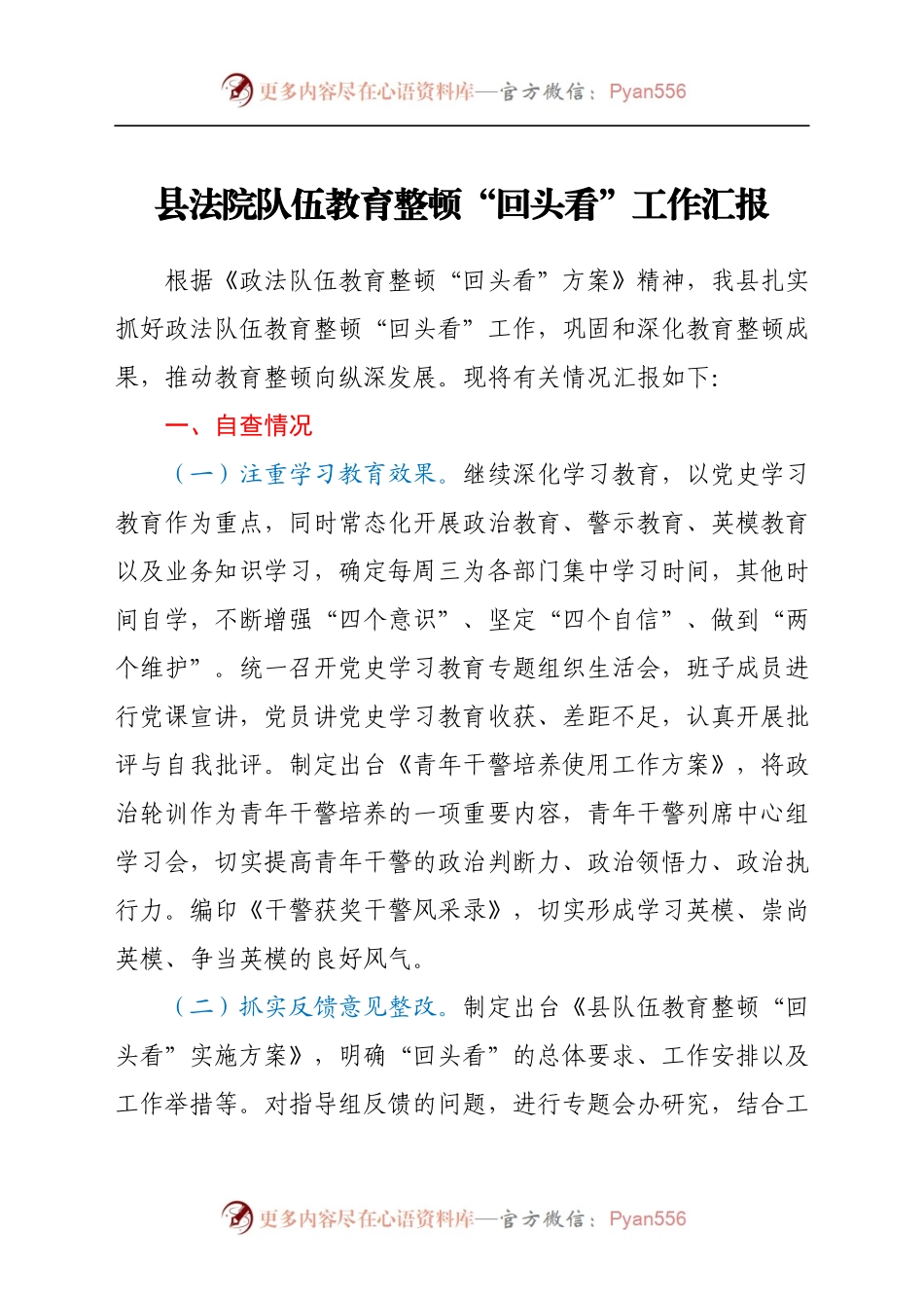 县法院队伍教育整顿“回头看”工作汇报.docx_第1页