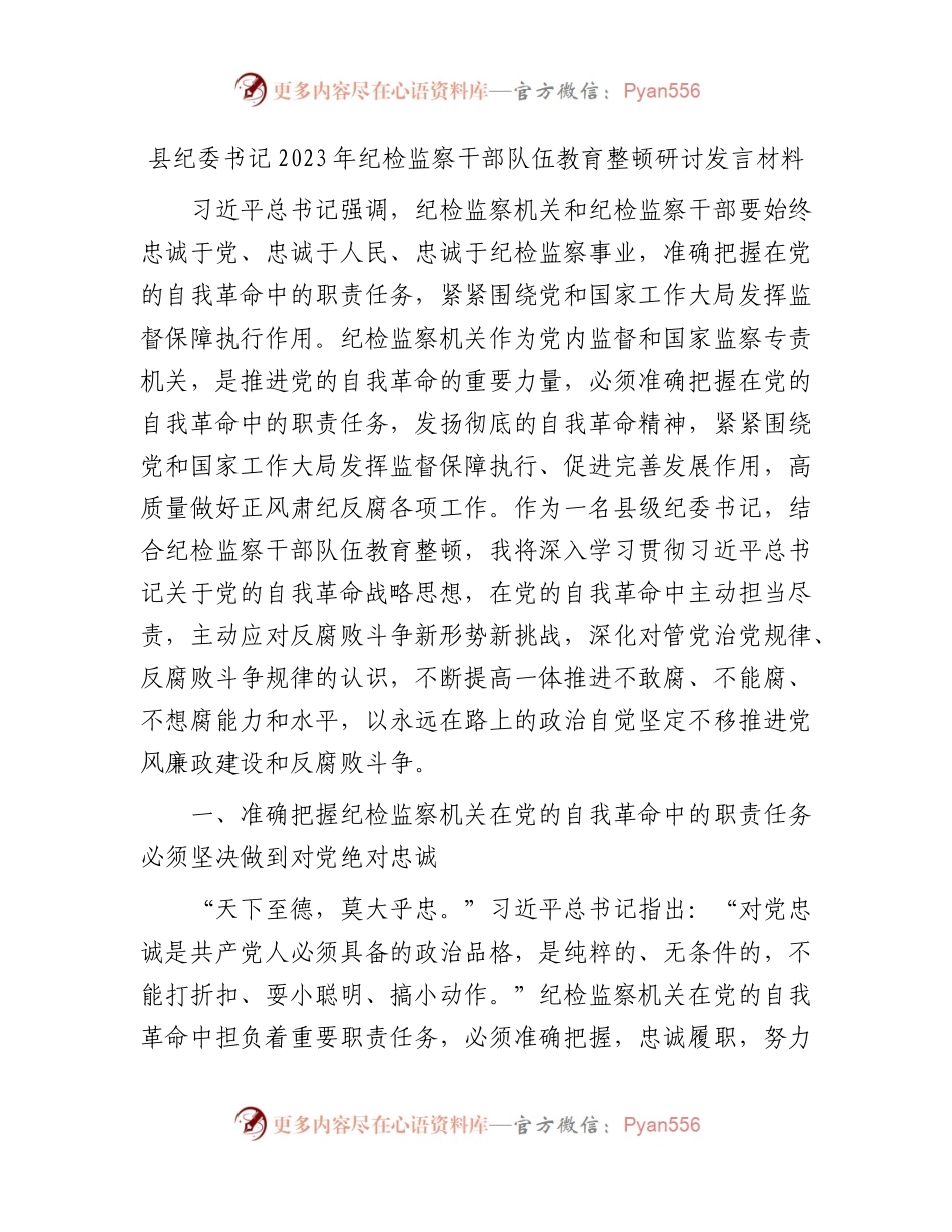 县纪委书记纪检监察干部队伍教育整顿研讨发言2200字.docx_第1页