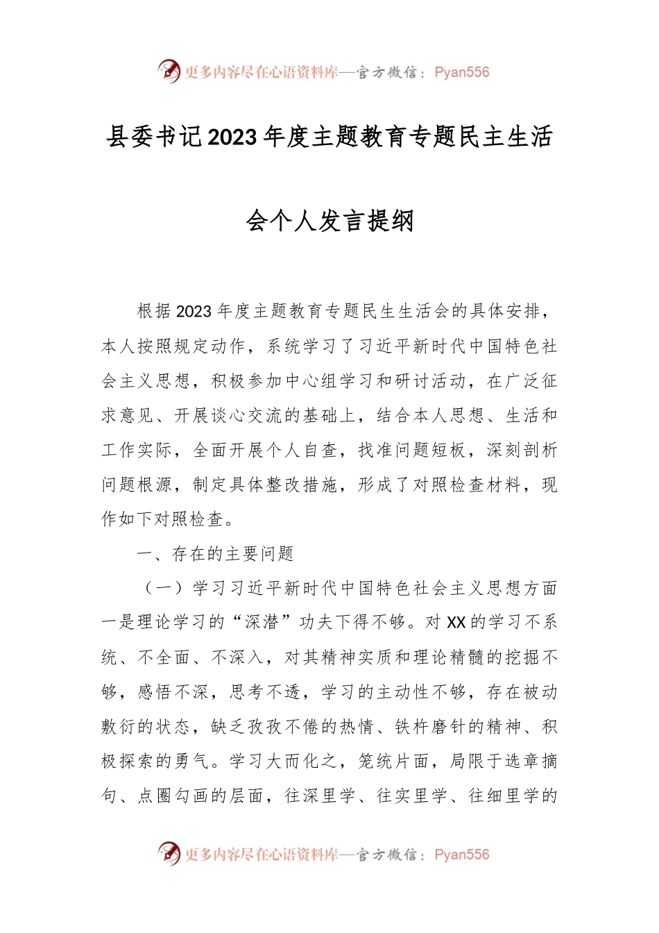 县委书记2023年度主题教育专题民主生活会个人发言稿提纲.docx_第1页
