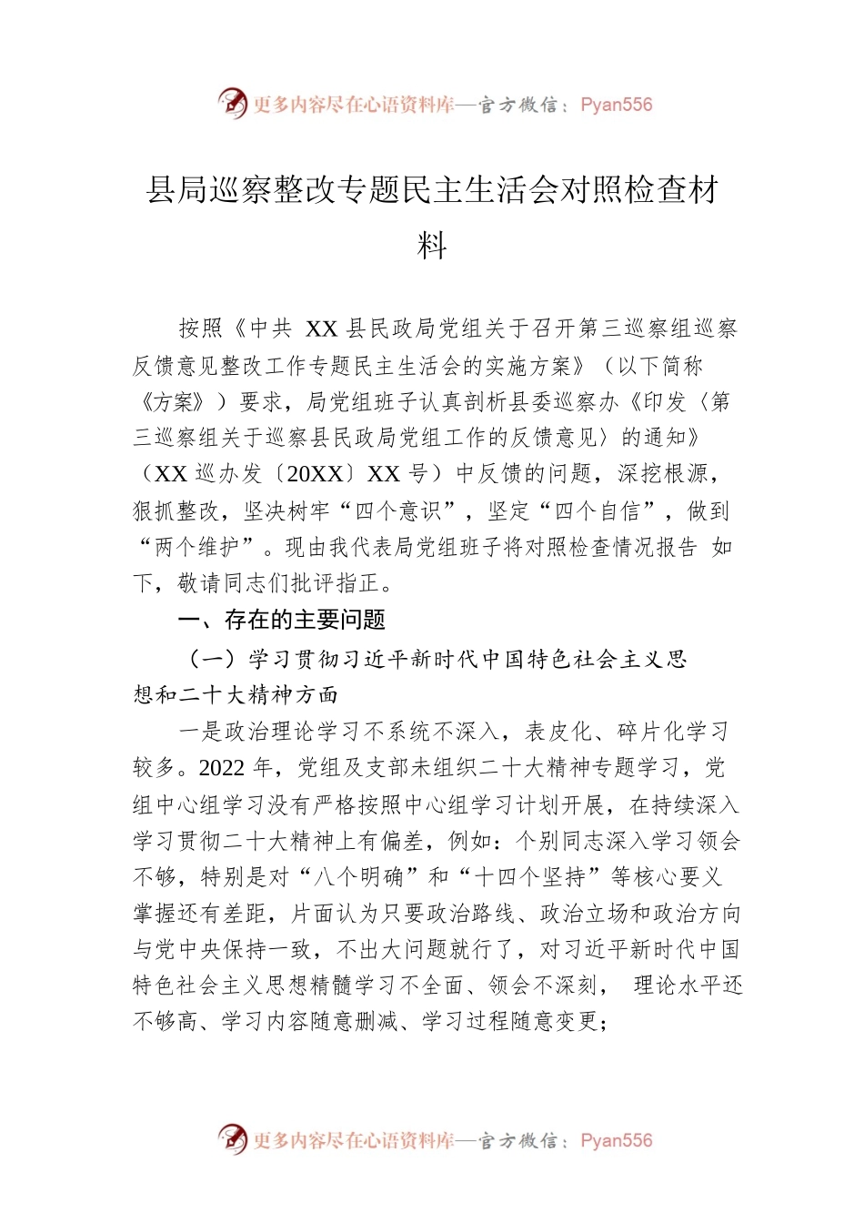 县局巡察整改专题民主生活会对照检查材料.docx_第1页