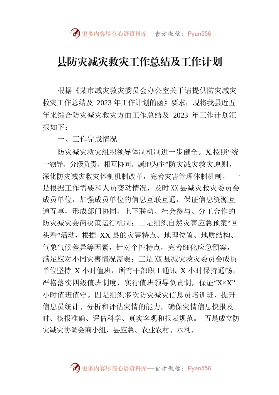 县防灾减灾救灾工作总结及工作计划.docx_第1页