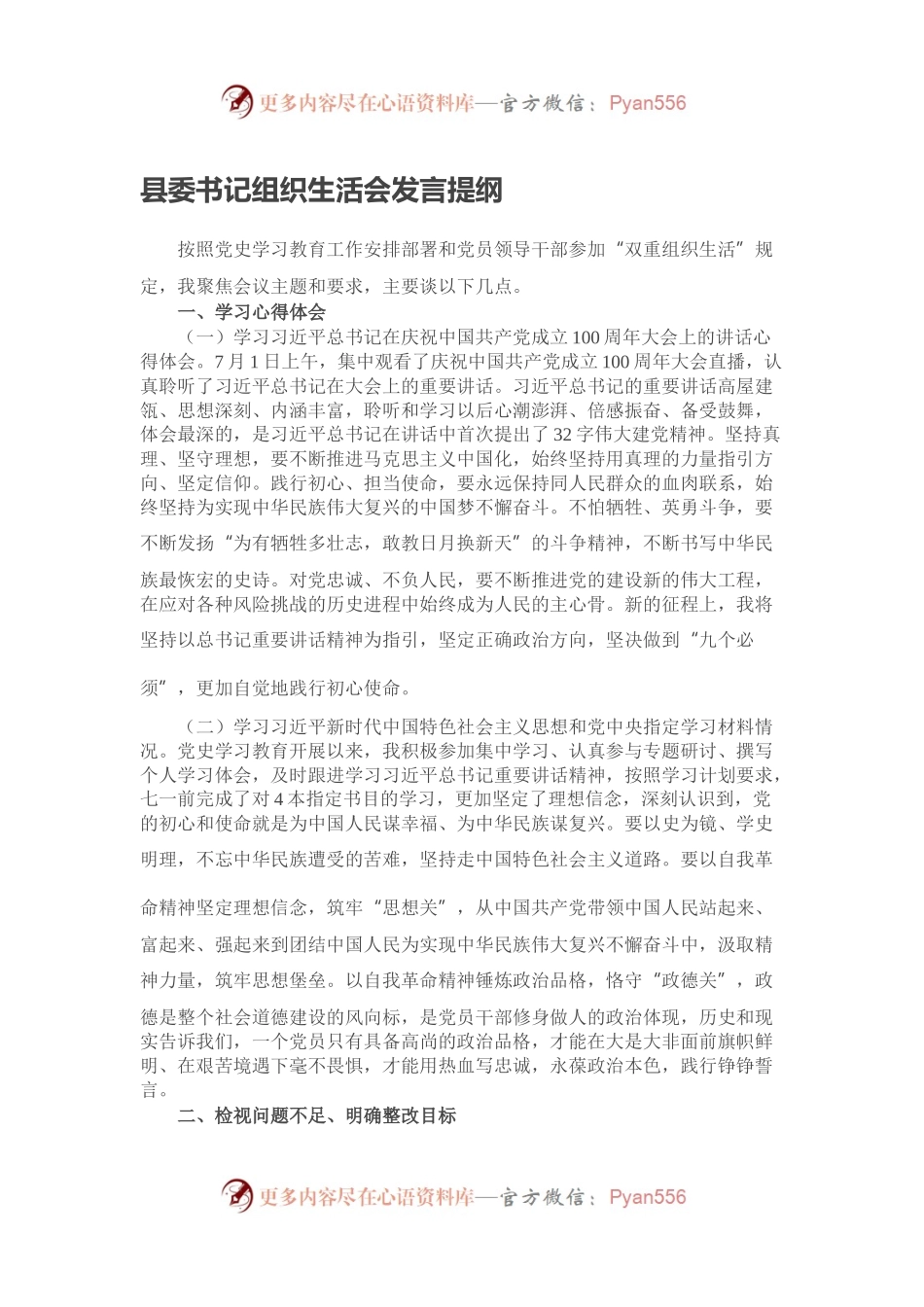 县委书记组织生活会发言提纲.docx_第1页