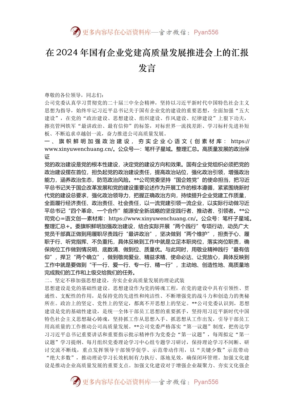 在2024年国有企业党建高质量发展推进会上的汇报发言.docx_第1页