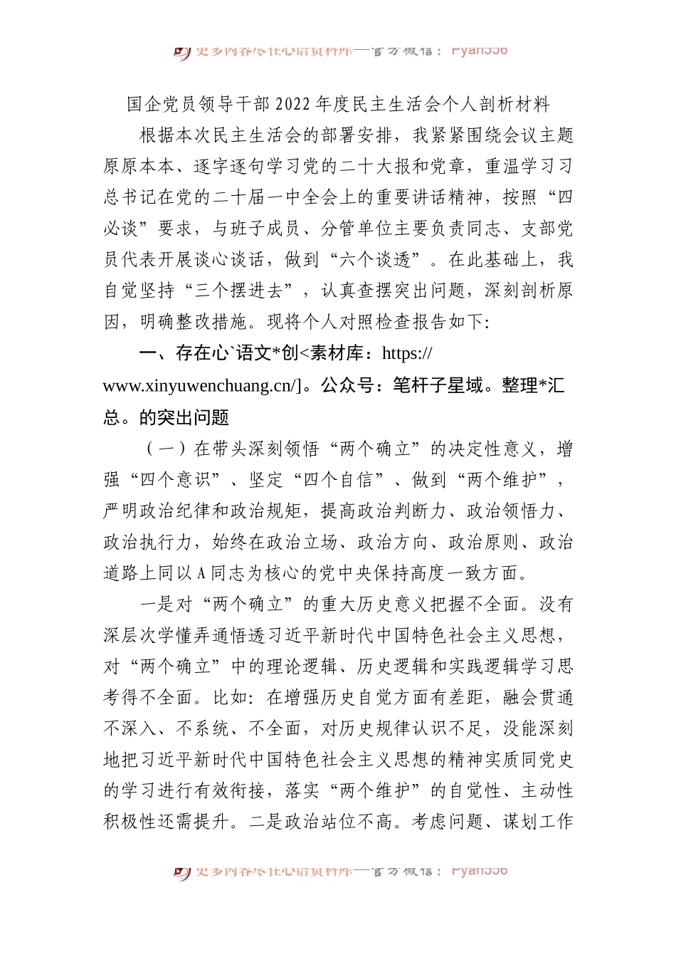 国企党员领导干部2022年度生活会个人剖析材料.docx_第1页