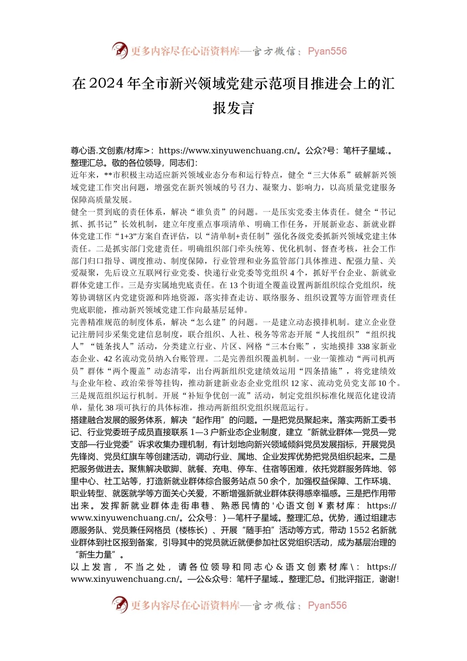 在2024年全市新兴领域党建示范项目推进会上的汇报发言.docx_第1页